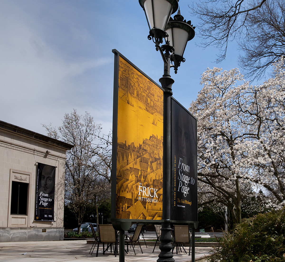 External banners on the façade of the Frick Art Museum.