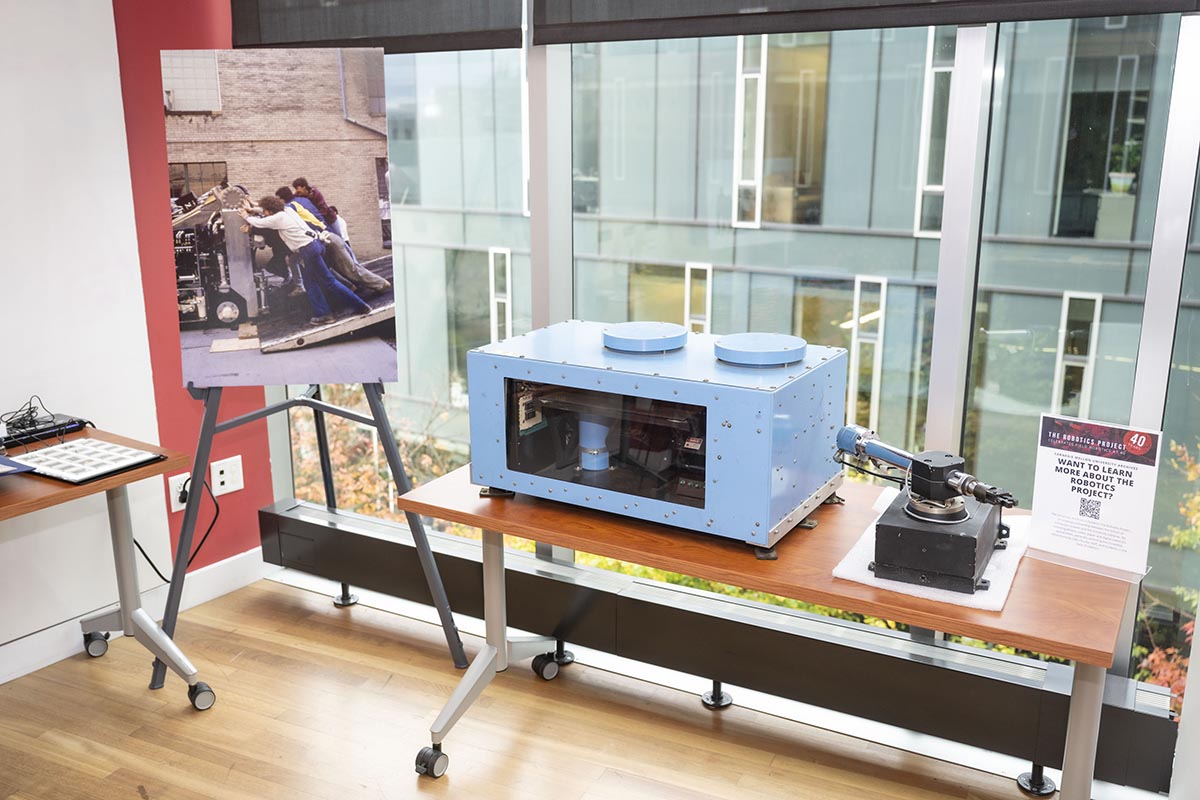 Parts of the display included artifacts from the University Archives, including an early ERIM sensor and a SEIKO robotic arm.