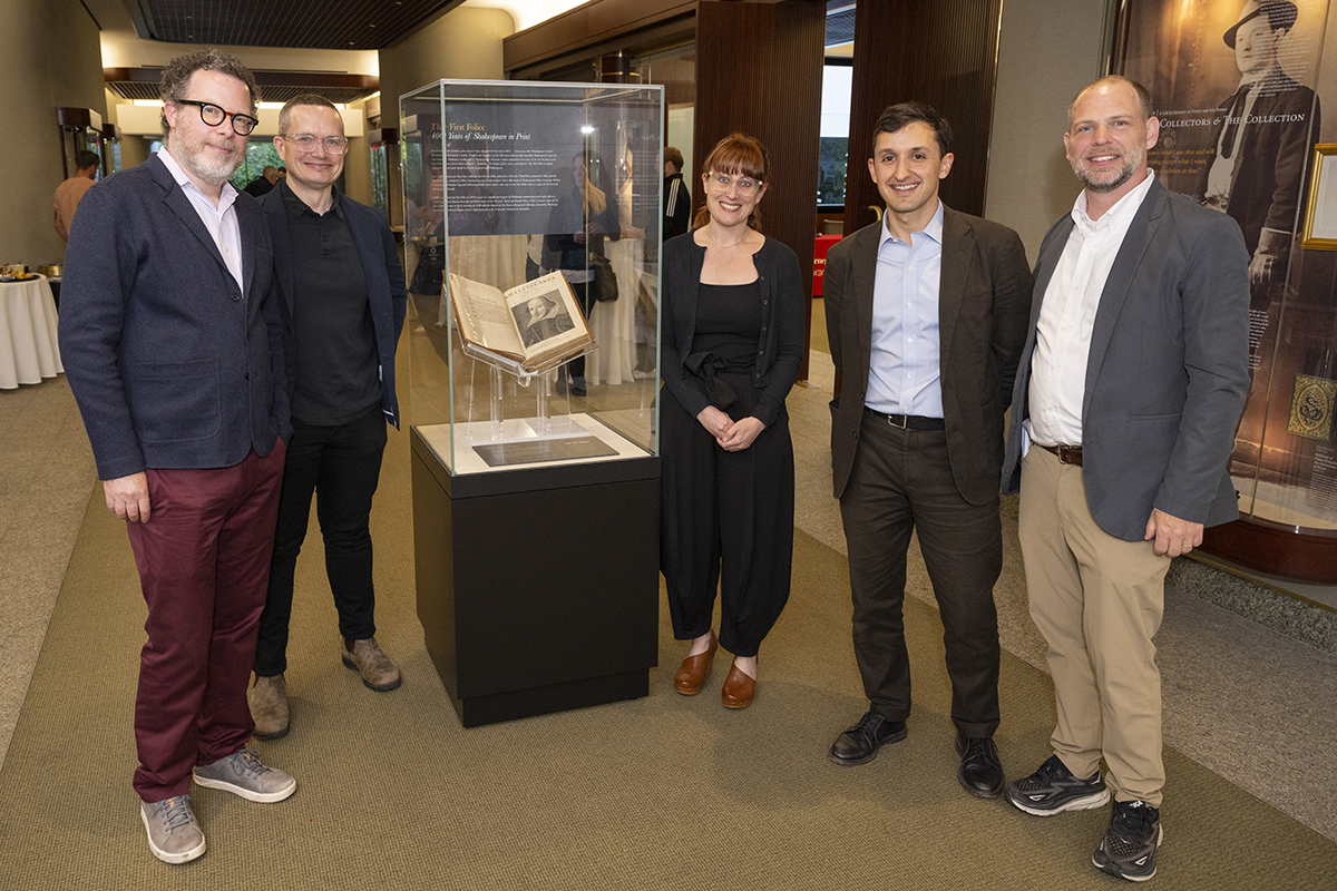 Zachary Lesser, the Edward W. Kane Professor of English at the University of Pennsylvania, Stephen Wittek, associate professor of English and director of literary and cultural studies at CMU, Claire M. L. Bourne, associate professor of English at The Pennsylvania State University, Sam Lemley, curator of Special Collections, and Christopher Warren, professor of English with a courtesy appointment in History at CMU, pose with the copy of Shakespeare’s First Folio held in the Charles J. Rosenbloom Collection.