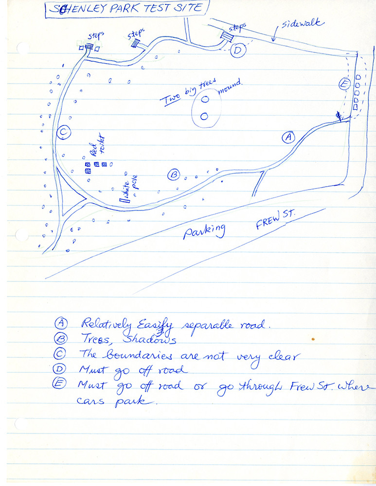 A hand-drawn map of a possible test site for the Autonomous Land Vehicle project at CMU, ca. 1985