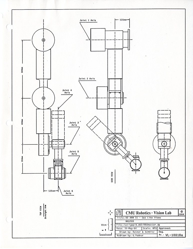 A technical drawing of the Direct Drive Arm II from May 1984