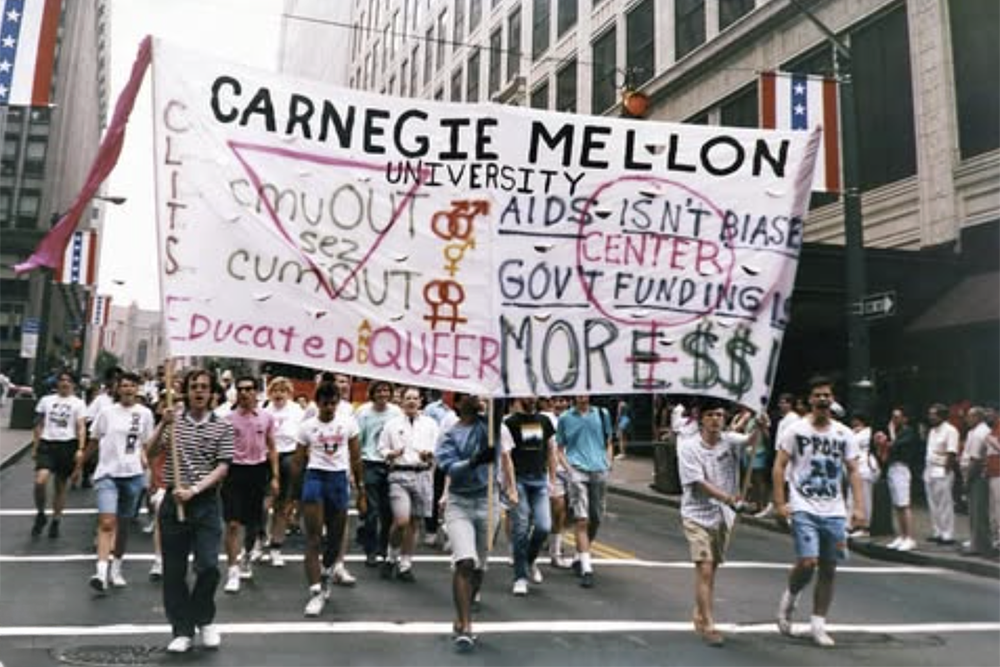 CMU student organization, cmuOUT, marching in the 1991 Pittsburgh Lesbian, Gay and Bisexual Pride Parade.