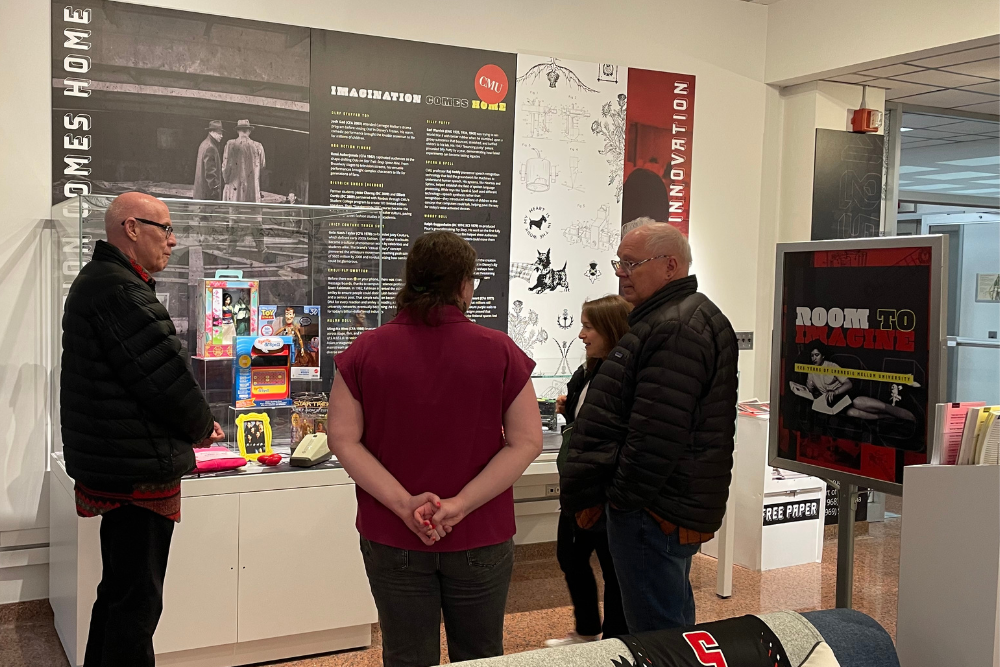 John Shaffner (CFA 1976) and Joe Stewart (CFA 1977) created the beloved sets for Friends that millions still recognize today. They visited the “Room to Imagine” exhibit during Homecoming with Julia Corrin, Michael and Lonna Smith University Archivis and Associate Dean for Distinctive Collections