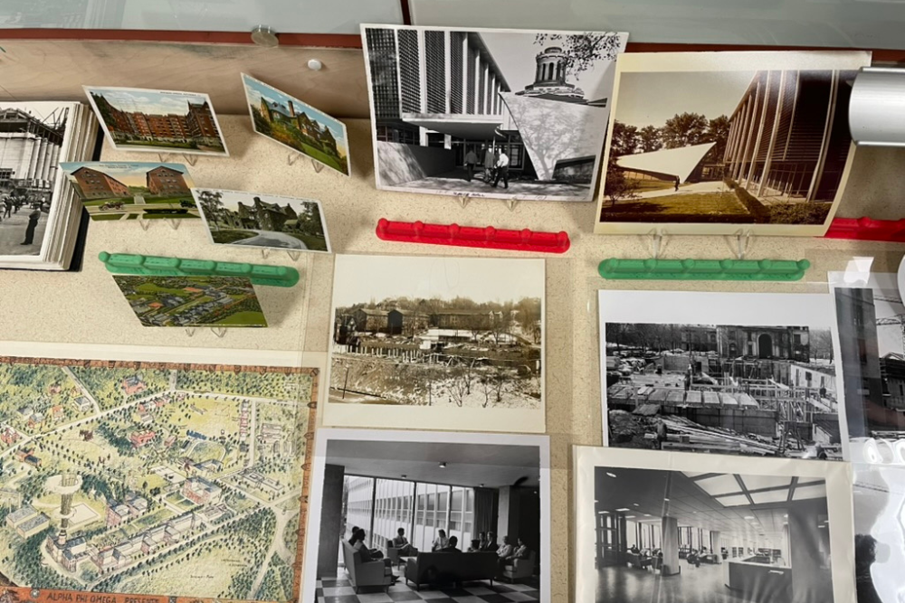 Kathleen Donahoe, Lead Archivist, Robotics Project, created a display of CMU’s changing campus over time. The top photo is of the old Scaife Hall. On the right, construction of Hunt Library. On the left, Donner Hall.