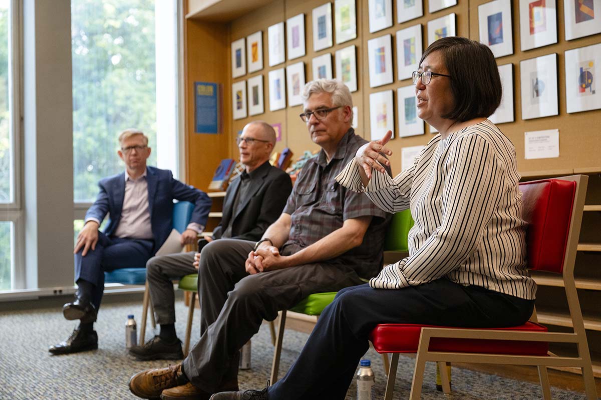 Helen and Henry Posner, Jr. Dean of the University Libraries Keith Webster moderated a Q&A session with Martin Aurand, Principal Librarian Emeritus at CMU Libraries, Gerard Damiani, Associate Professor in the School of Architecture, and Lynn Kawaratani, the Arts and Humanities Librarian and exhibit curator.